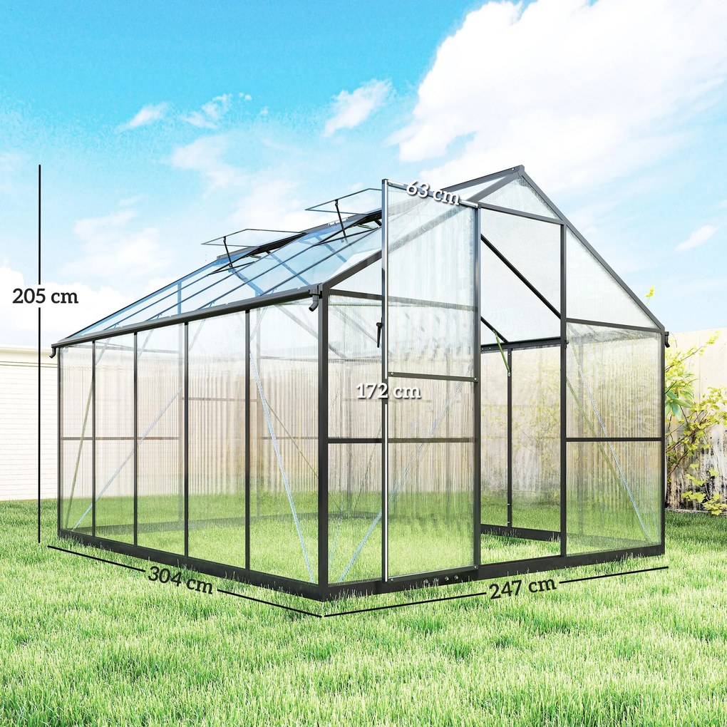 Seră de grădină Outsunny din aluminiu și policarbonat, 7,5㎡, cu ușă cu balamale, 2 ferestre reglabile, sistem de drenaj, anti-UV, 304x247x205cm, negru | Aosom Romania