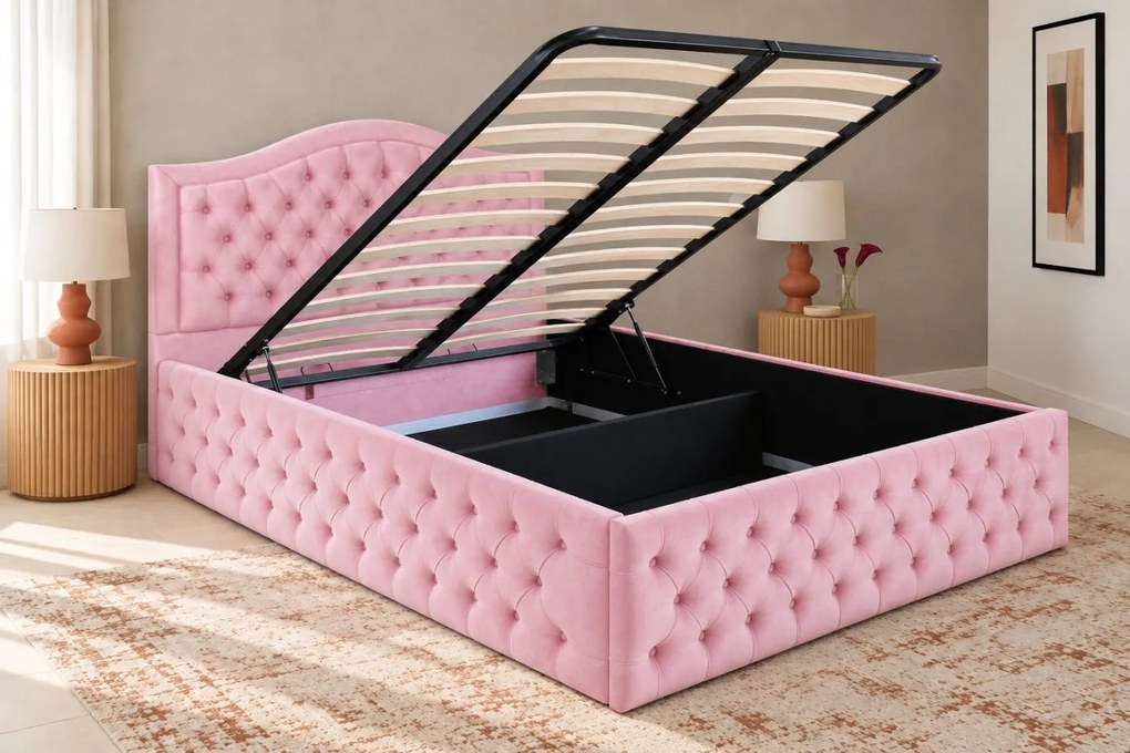 Pat tapițat Chesterfield din catifea Solaria Deluxe 200×200 cm, roz, cu ladă de depozitare