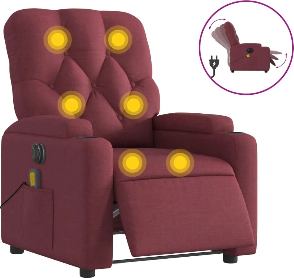 vidaXL Fotoliu electric de masaj rabatabil, roșu vin, textil