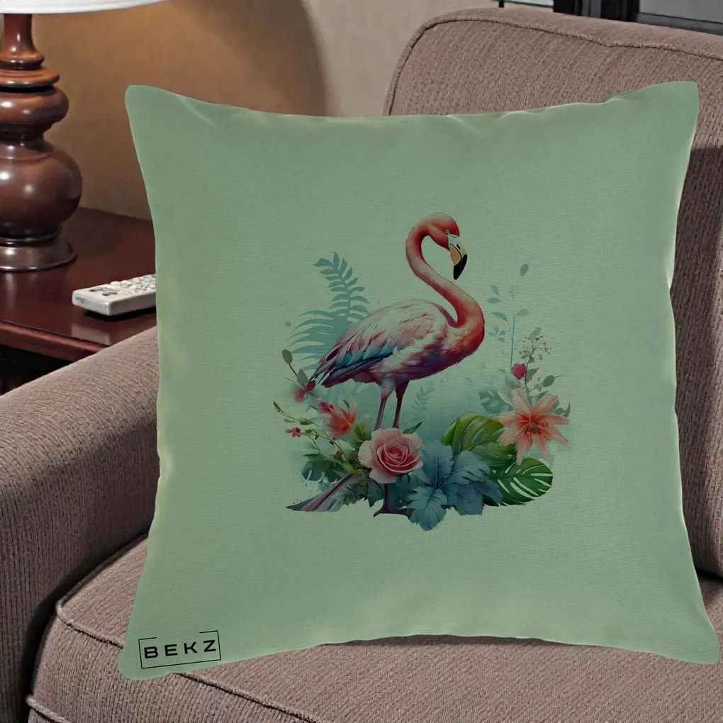 Perna Decorativa Flamingo cu Flori Tropicale Acuarela, 40x40 cm, Verde, Husa Detasabila, Perna Inclusa, BEKZ®