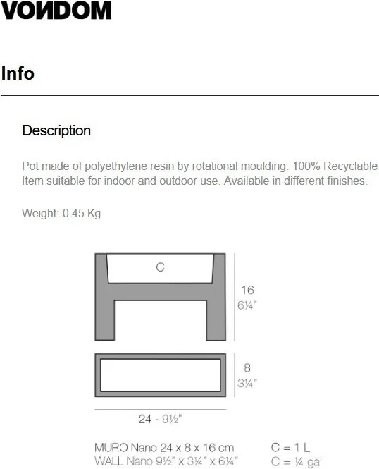 Ghiveci plante design decorativ modern interior / exterior NANO MURO 8x24x16cm
