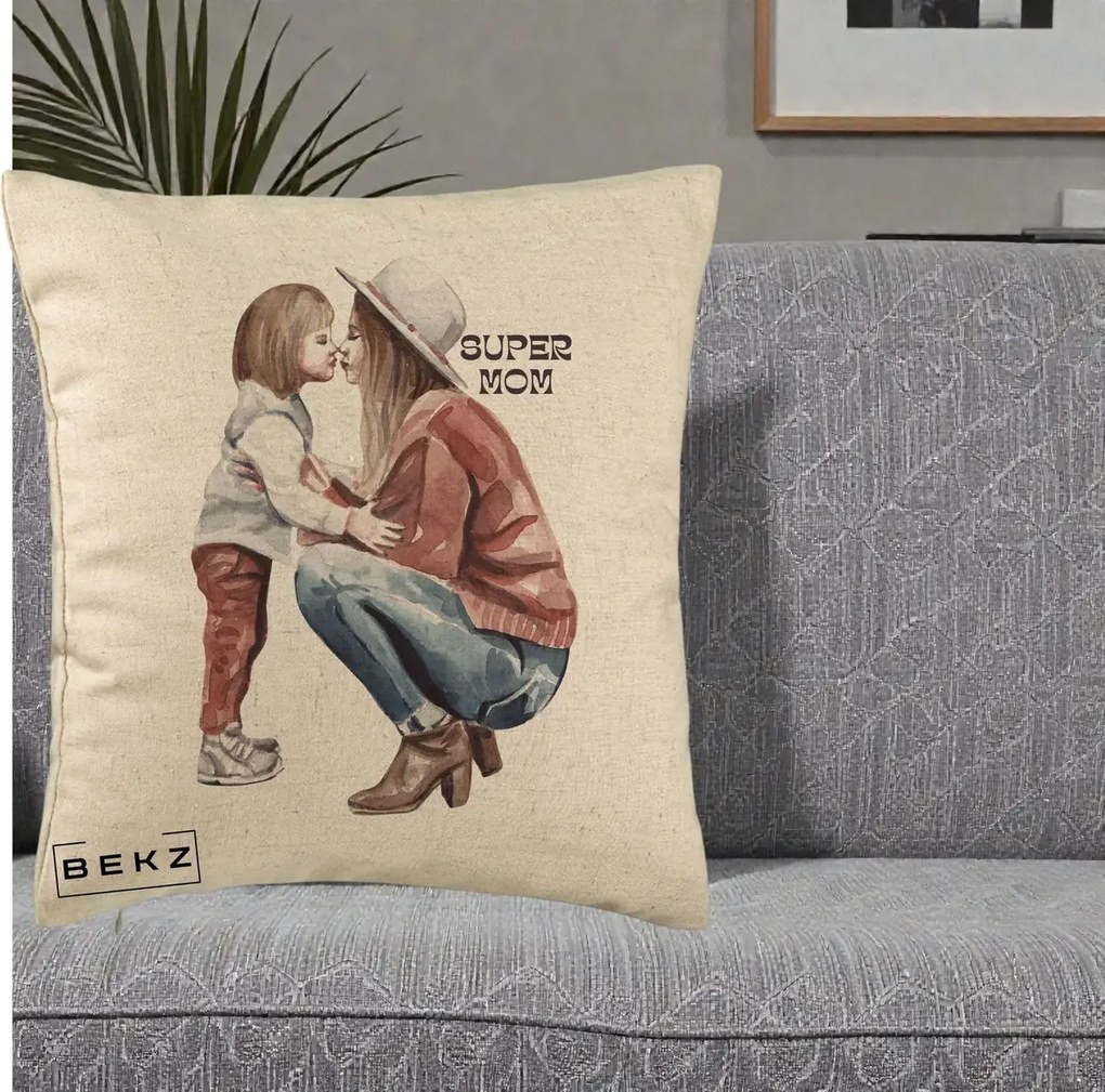 Cadou pentru Mama - Perna Personalizata Super Mom Acuarela, 40x40 cm, Bej, Husa Detasabila, Perna Inclusa, BEKZ®