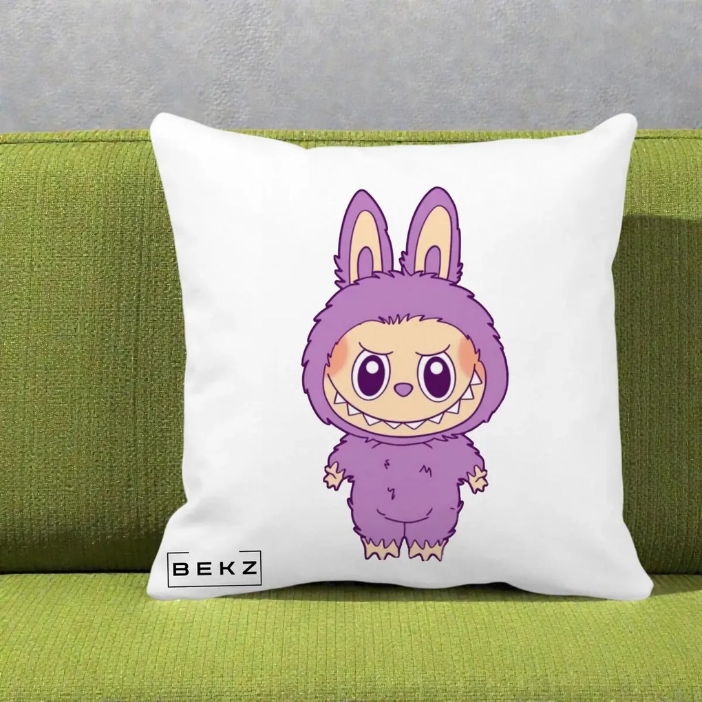 Perna Personalizata Labubu Violet Solo, 40x40 cm, Alba Mata, Husa Detasabila, Perna Inclusa, BEKZ®