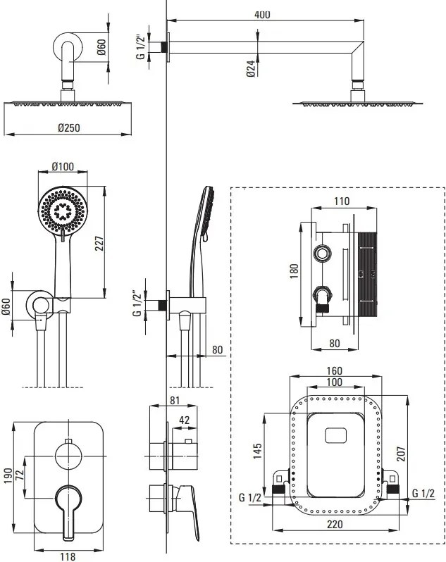 Arnika Set de Duș cu incastrat - BOX pentru Baterie - finisaj auriu periat - BXYZRQAM