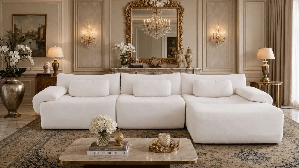 VELORA – Canapea Modulară din Chenille Premium, din spumă de înaltă densitate, L-Shape, 3 perne, Ultra Confort & Design Reconfigurabil, Bej
