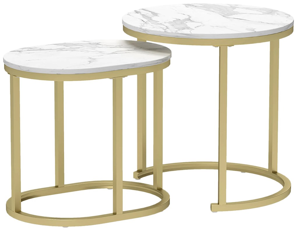 HOMCOM Set 2 Măsuțe de Cafea cu Blat cu Efect de Marmură din MDF și Oțel, Ø50x50.5 cm și 60x36x43.5 cm, Alb și Auriu | Aosom Romania