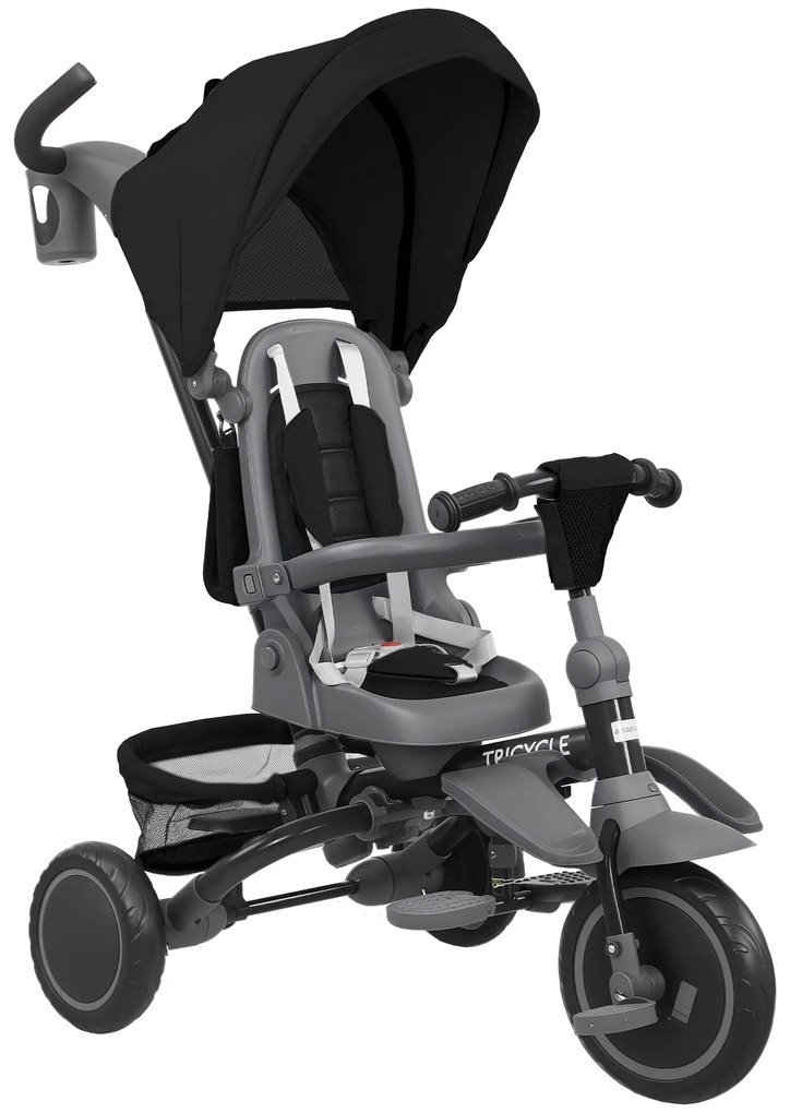 AIYAPLAY Triciclu Pliabil pentru Copii 6 în 1 cu Mâner Reglabil pentru Părinți și Acoperiș pentru Vârstele 1-5, Negru | Aosom Romania