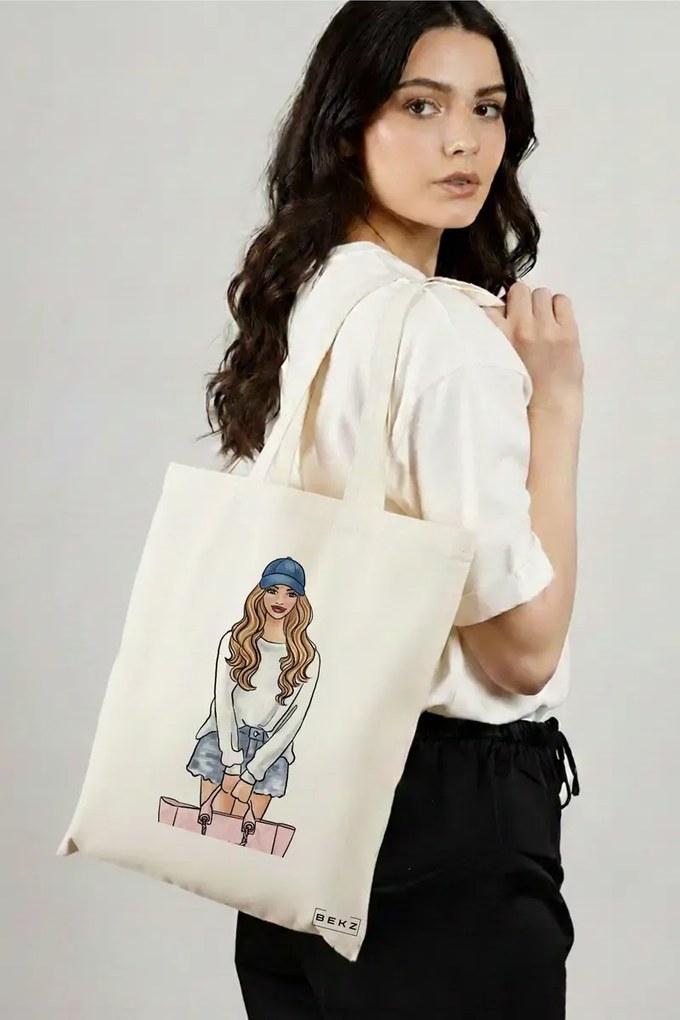 Sacosa de Panza pentru Cumparaturi, Geanta Tote Travel Girl 4, 38x34.5 cm, Alba, BEKZ®