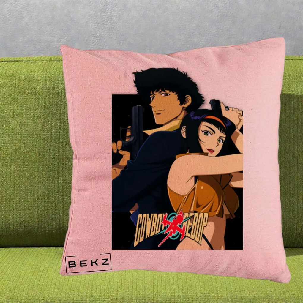 Perna Personalizata Cowboy Bebop Spike si Faye Poster, 40x40 cm, Roz, Husa Detasabila, Perna Inclusa, BEKZ®