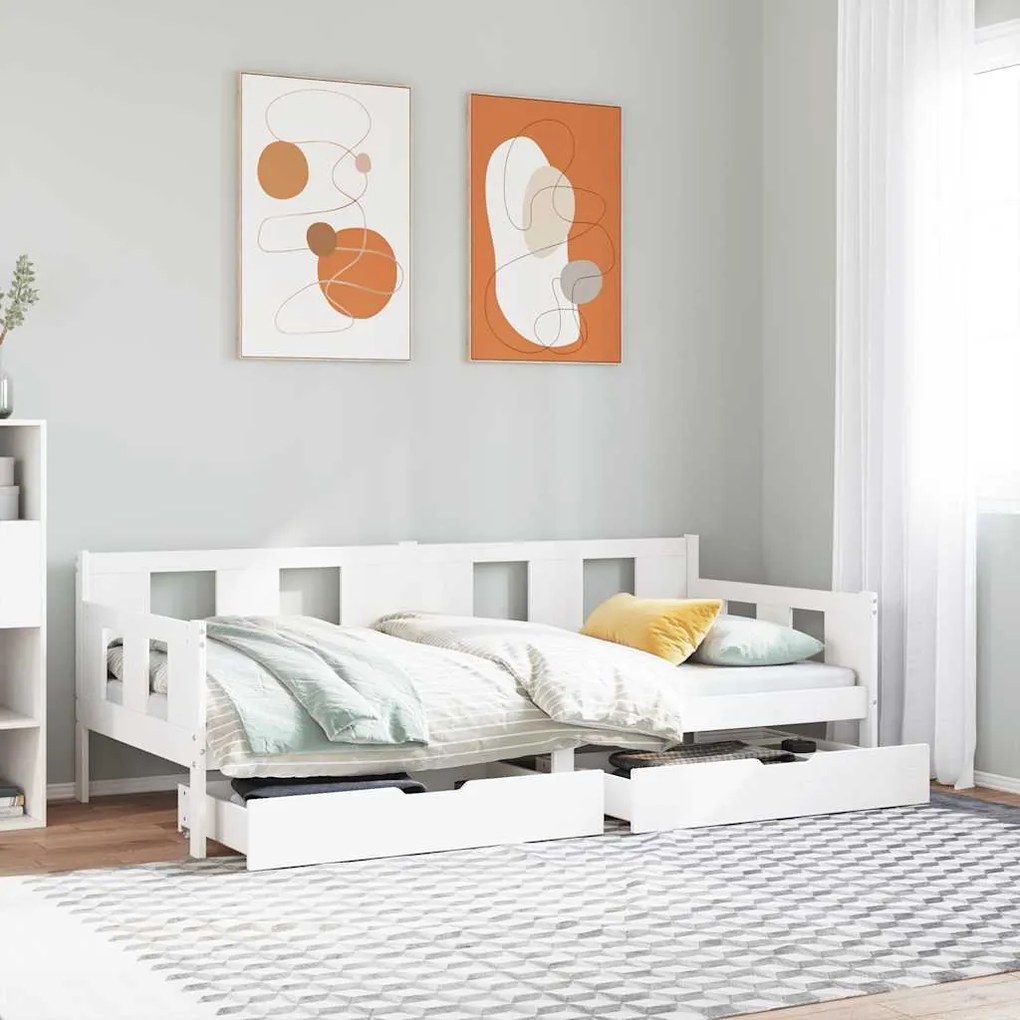 vidaXL Pat de zi cu sertare, alb, 90x190 cm, lemn masiv pin