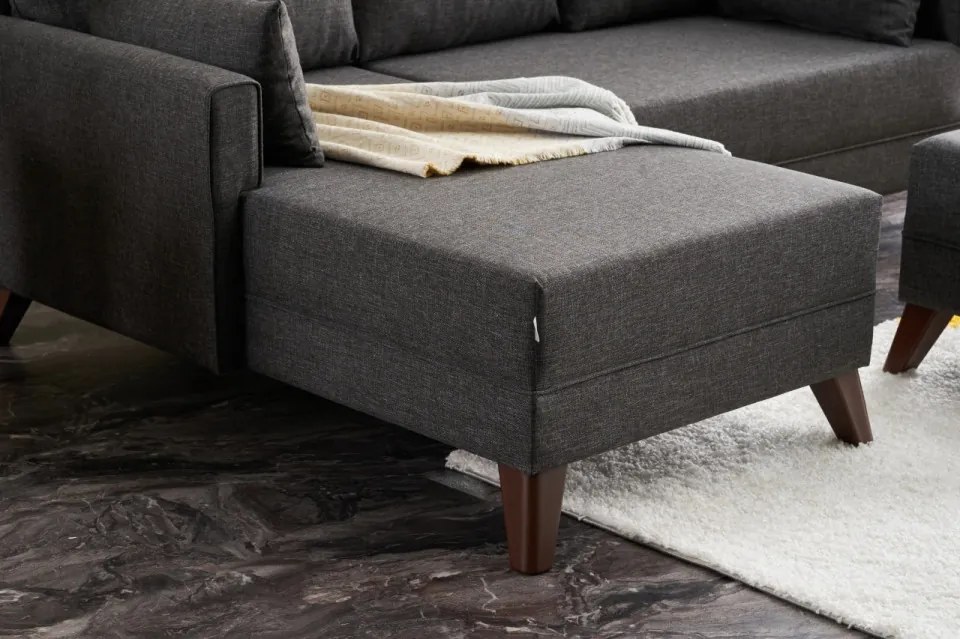 Coltar Modular pe Stanga cu Taburet, Cadru Lemn de Brad, Bella Mini, Gri Antracit
