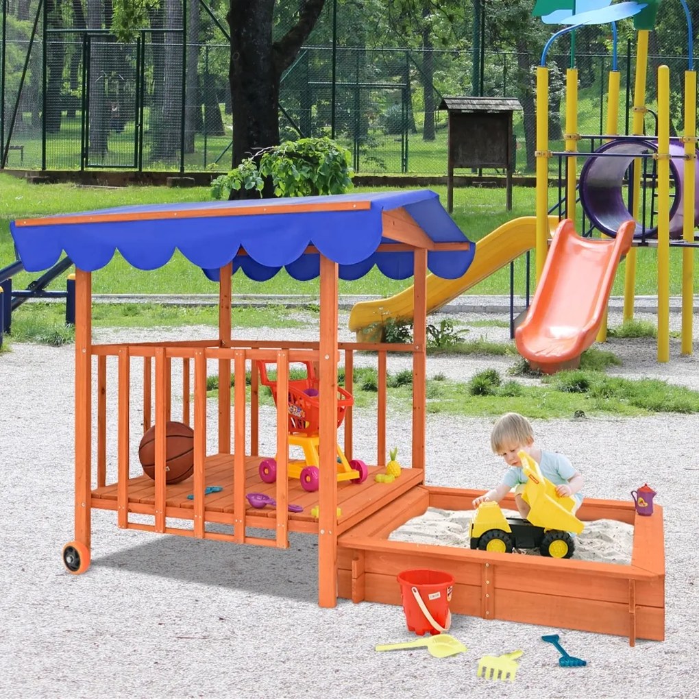 Groapa cu nisip cu verandă HAPPY, 130x130x143cm, maro/albastru Jurhan