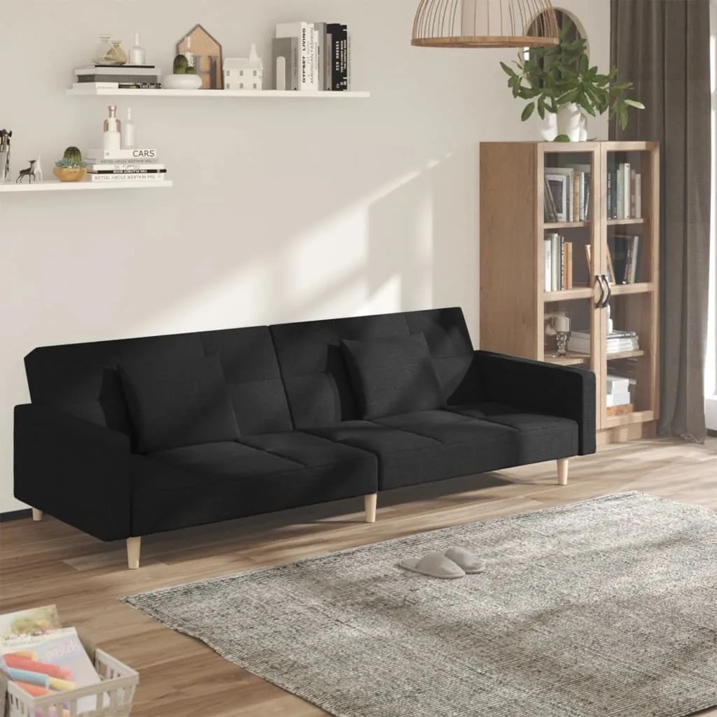 vidaXL Canapea extensibilă cu 2 locuri, 2 perne, negru, textil