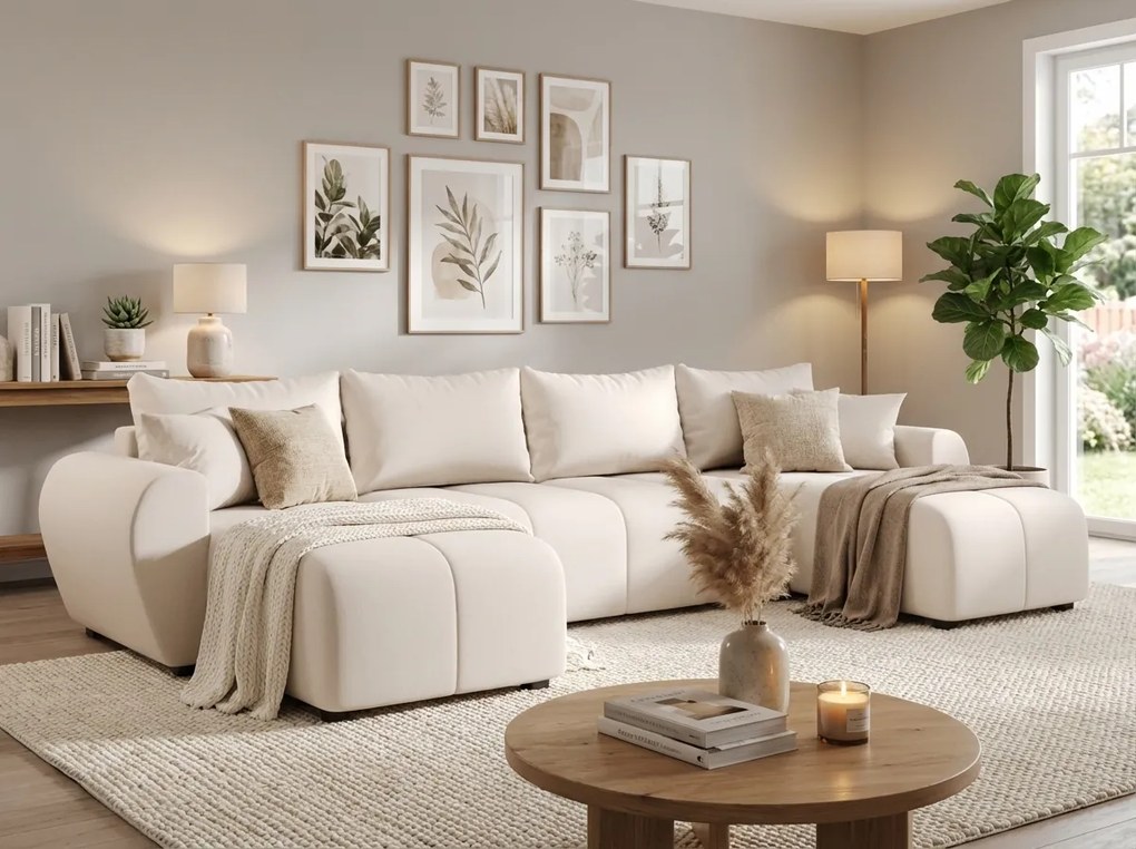 OFERTA Canapea extensibila in forma de U SEVIO 311x145 cm, crem + 2 perne GRATUIT II. calitate