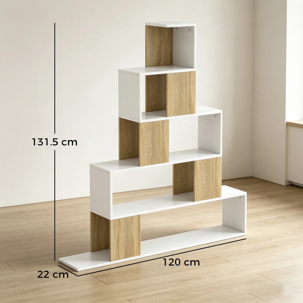 HOMCOM Bibliotecă cu 5 Rafturi Tip Trepte, Alb și Lemn Natural | Aosom Romania