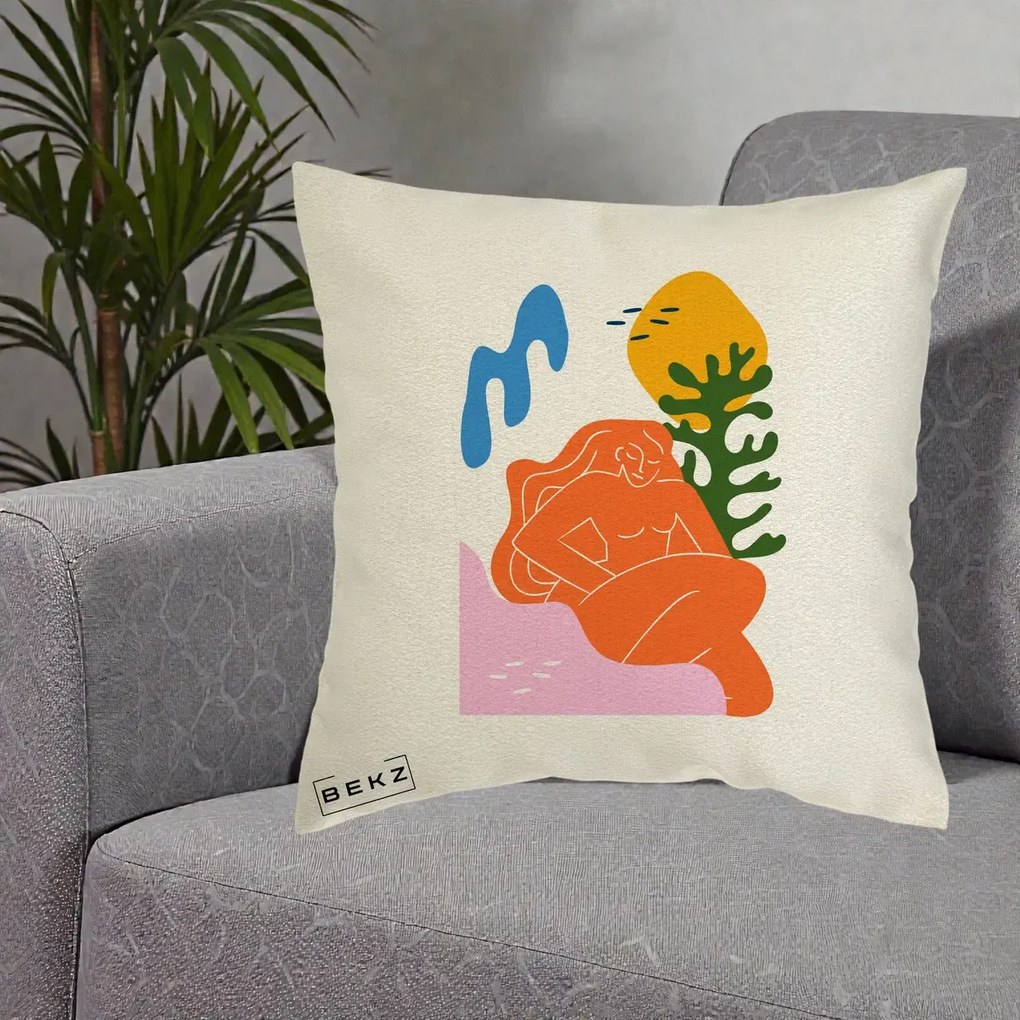 Perna Decorativa Femeie Portocalie Relaxata, 40x40 cm, Ecru, Husa Detasabila, Perna Inclusa, BEKZ®