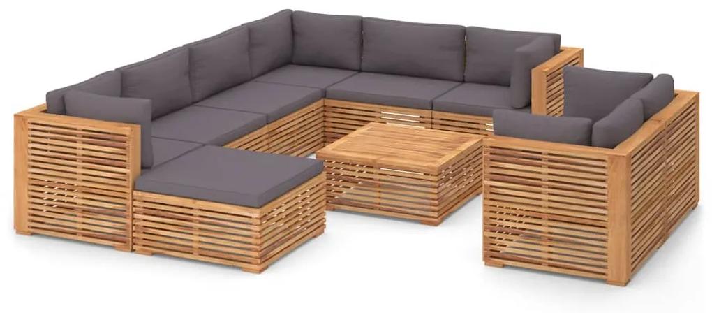 Set mobilier gradina perne gri inchis 10 piese lemn masiv tec Morke gra, 5x colt + 3x mijloc + 2x suport pentru picioare, 1