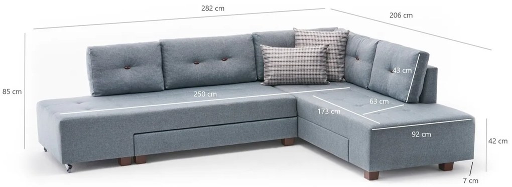 Coltar extensibil pe dreapta Manama, Balcab Home, 280x206x85 cm, lemn, albastru deschis