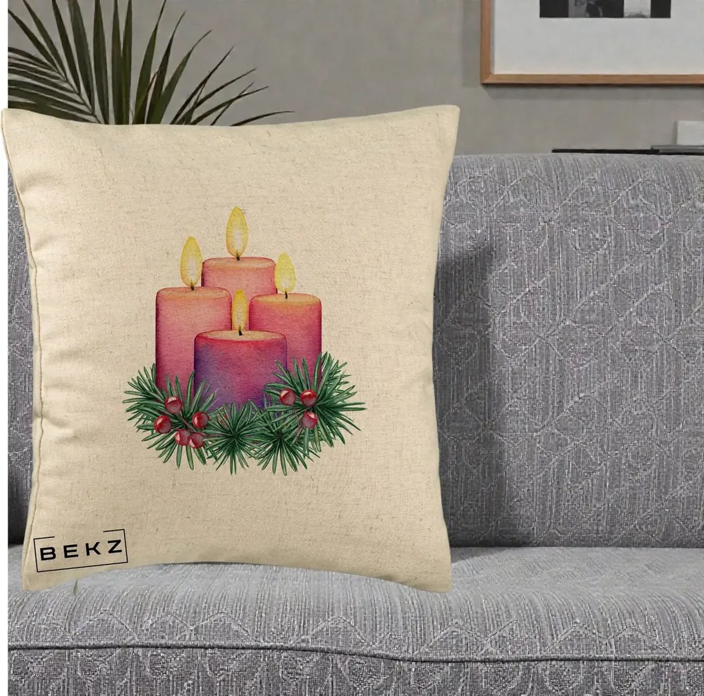 Perna Decorativa Lumanari Advent Roz-Violet, 40x40 cm, Bej, Husa Detasabila, Perna Inclusa, BEKZ®