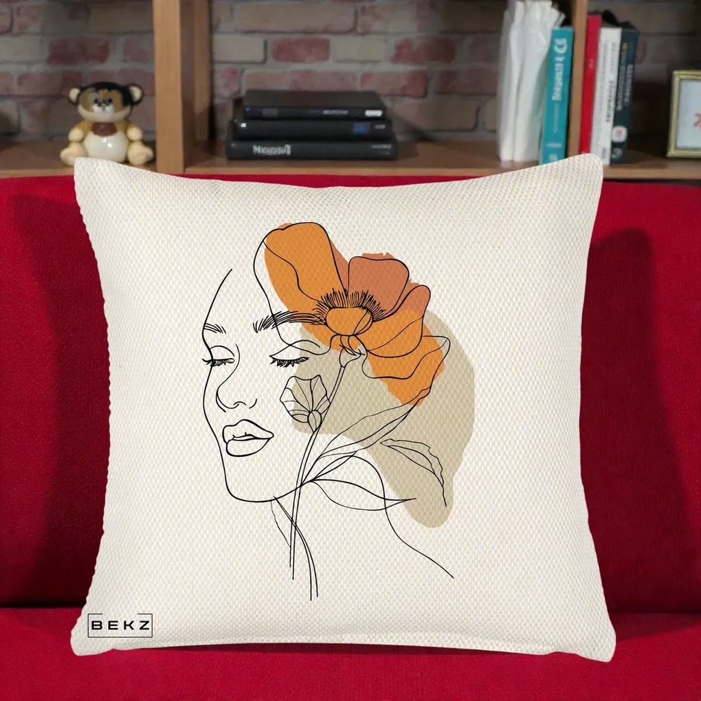 Perna Decorativa Portret Feminin Mac Mare Portocaliu, 40x40 cm, Crem Reliefat, Husa Detasabila, Perna Inclusa, BEKZ®