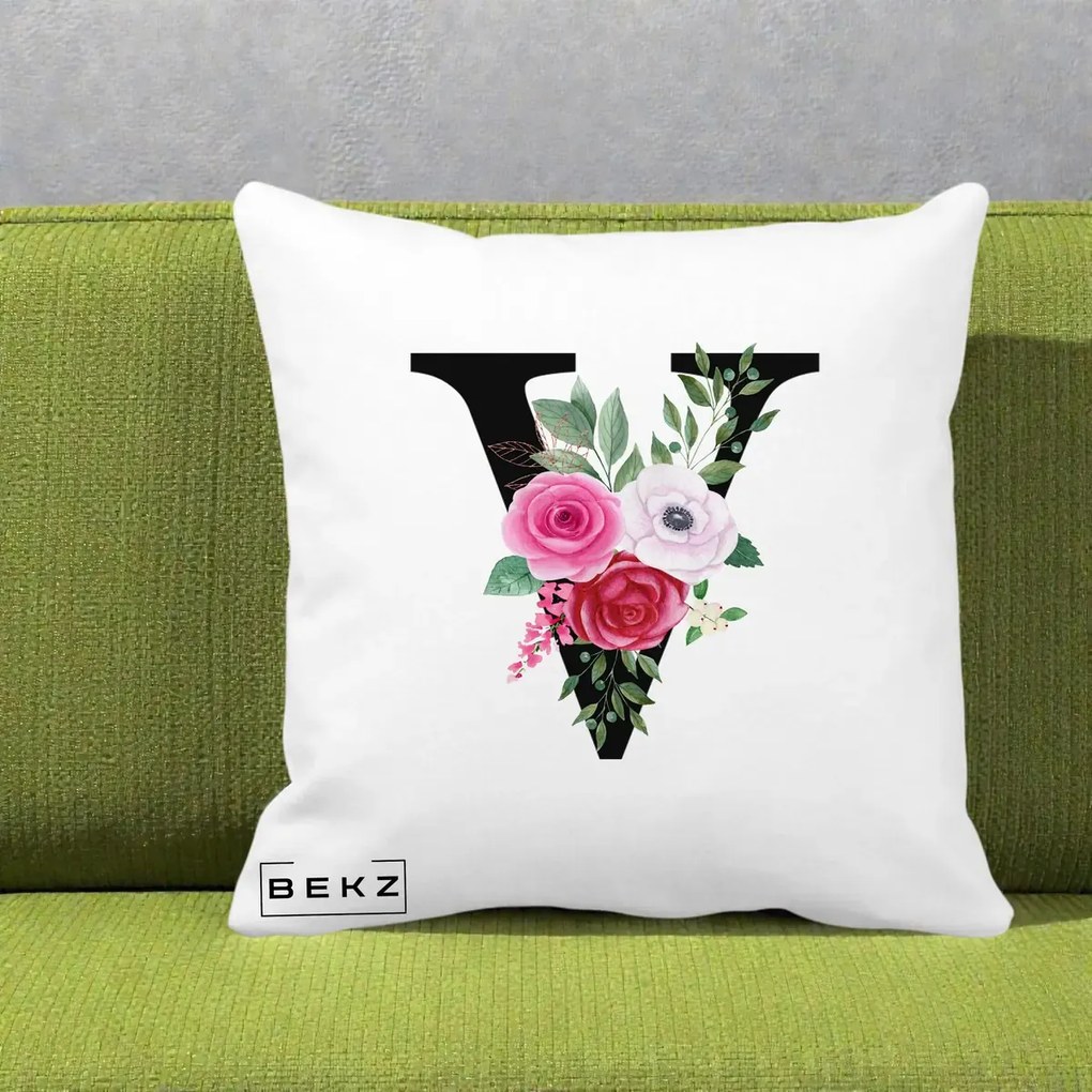 Cadou Personalizat - Perna Personalizata Monograma Florala Litera V cu Buchet, 40x40 cm, Alba Mata, Husa Detasabila, Perna Inclusa, BEKZ®