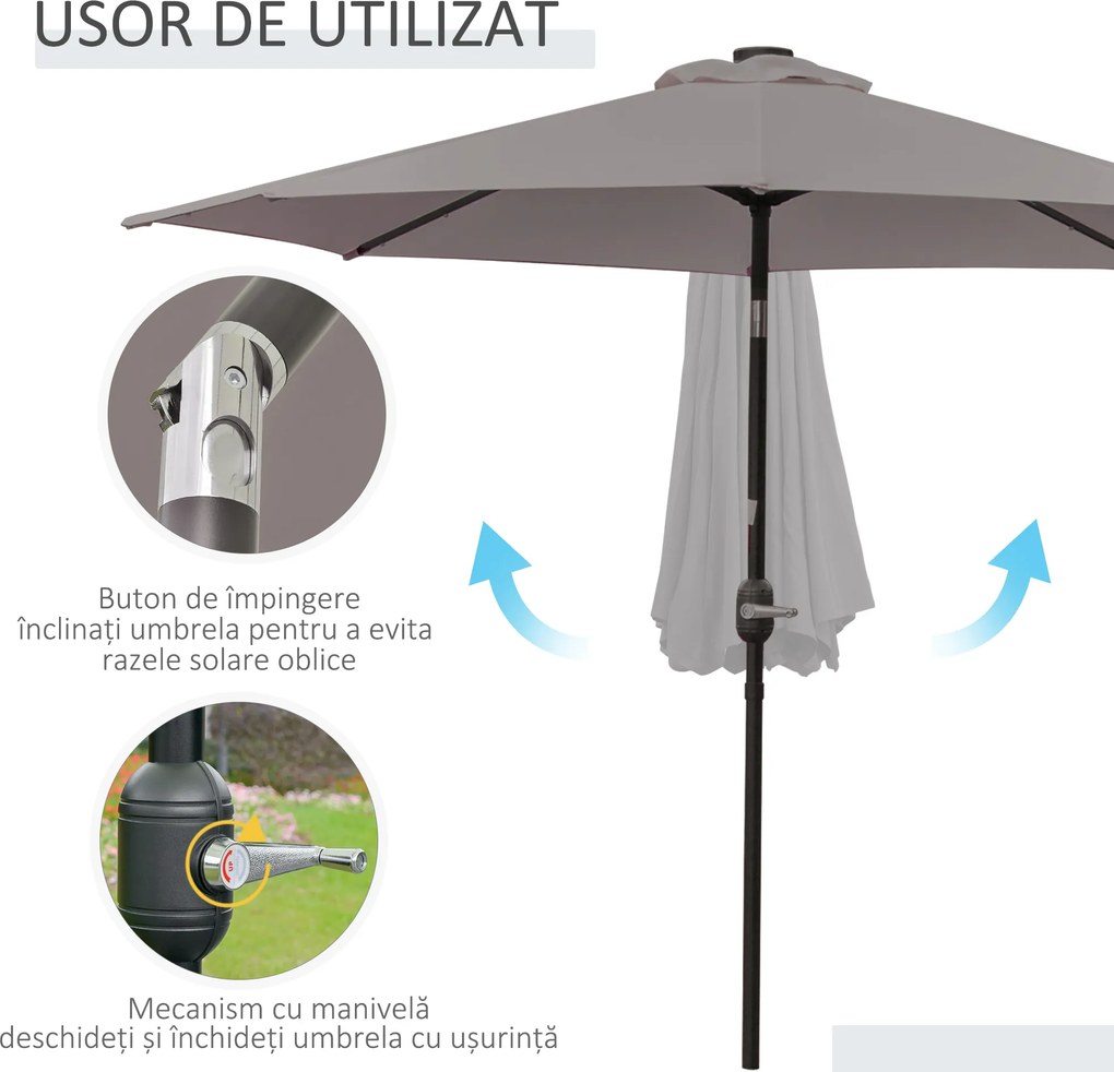 Outsunny Umbrelă de Grădină Inclinabilă Ø265 cm cu 32 Lumini LED Solare și Manivelă, Umbrelă de Exterior cu 8 Spițe, din Oțel și Poliester, pentru Patio, Curte, Balcon, Terasă, Gri | Aosom Romania