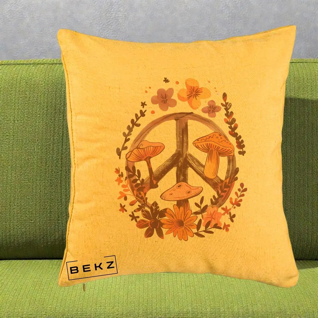 Perna Decorativa Peace Sign Ciuperci Floral, 40x40 cm, Galben, Husa Detasabila, Perna Inclusa, BEKZ®