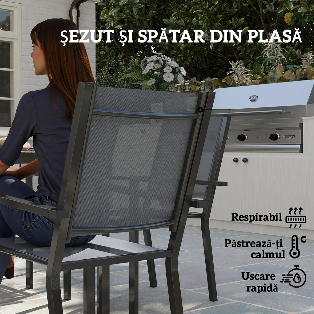 Outsunny Set Masă de Grădină cu Scaune, 7 Piese, Set de Prânz cu Masă cu Blat din Lemn Compozit cu Șipci și 6 Scaune de Exterior Stivuibile, Mobilier din Oțel cu Texteline, Gri și Negru | Aosom Romania