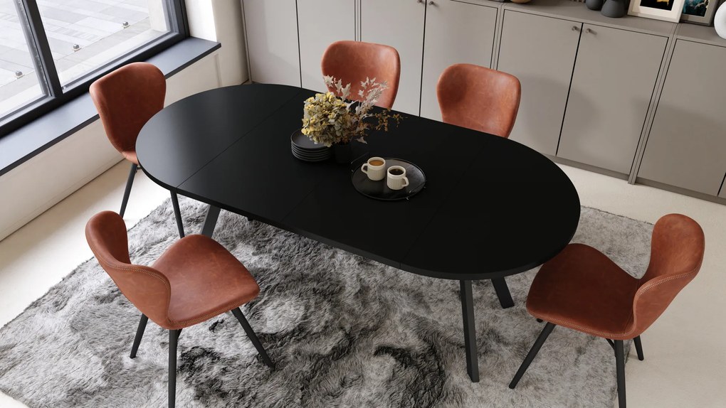 Mazzoni ALMO Negru/picioare negre - MASĂ ROTUNDĂ EXTENSIBILĂ CU PICIOARE ÎN FORMĂ DE Y STIL LOFT PENTRU SALON/SUFRAGERIE