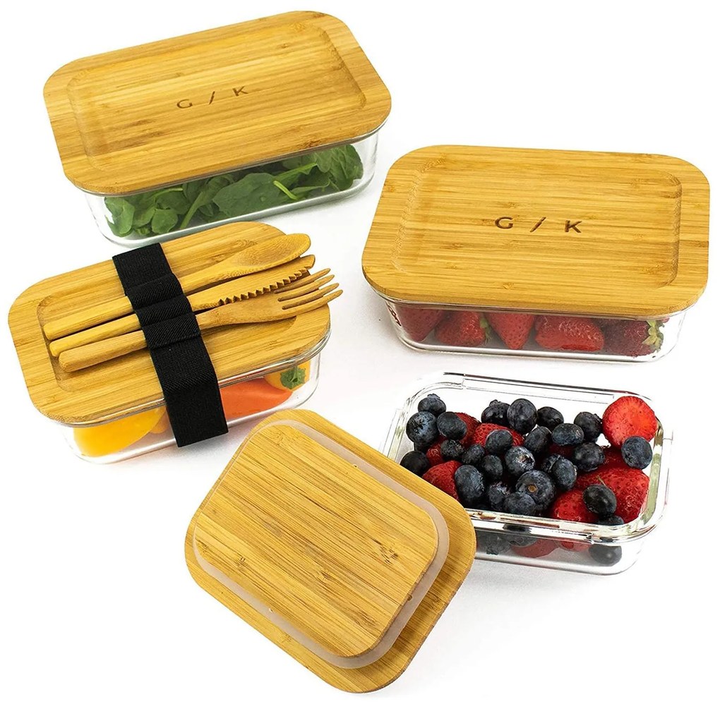 Set de 4 caserole pentru alimente proaspete, sticlă borosilicată, capace din bambus, stivuibile, 4 dimensiuni
