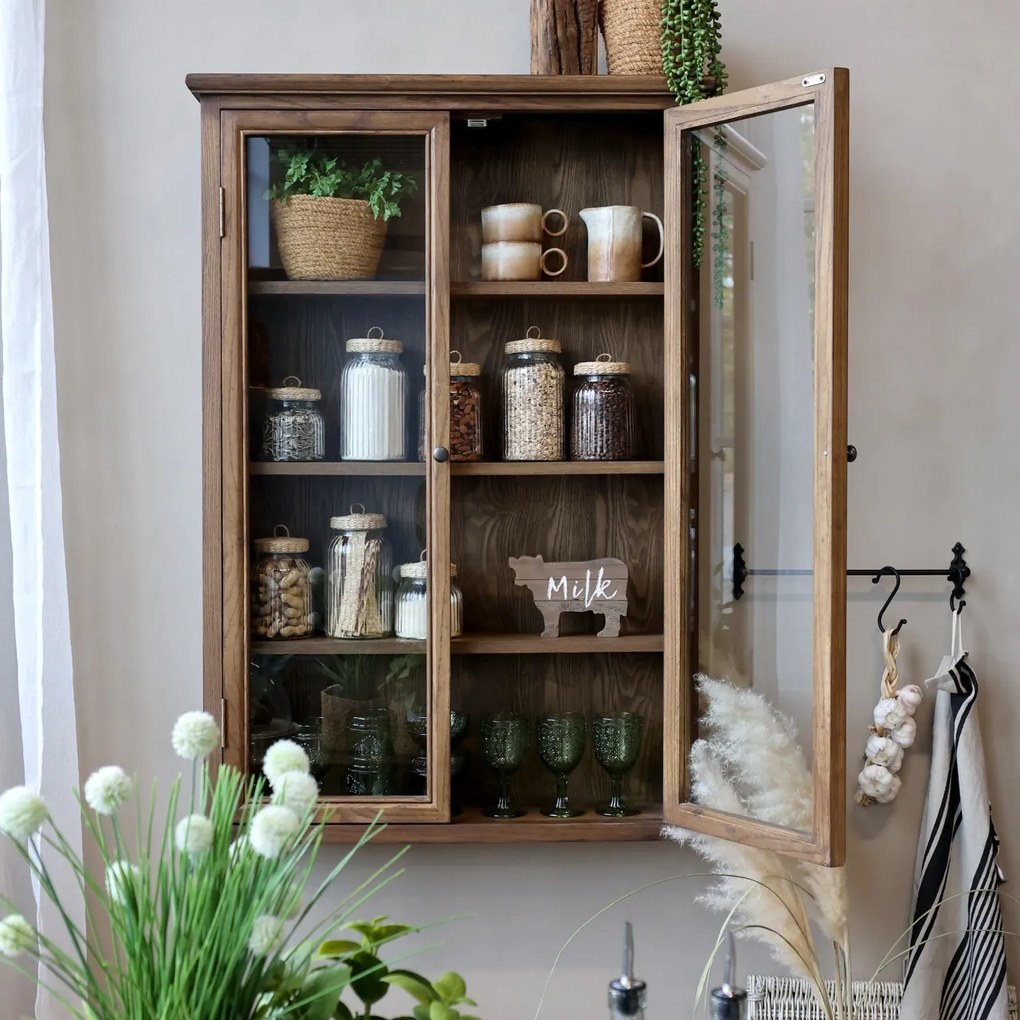 Vitrina de perete, din lemn masiv si furnir, cu 2 usi si 3 rafturi, aspect rustic, Marseille