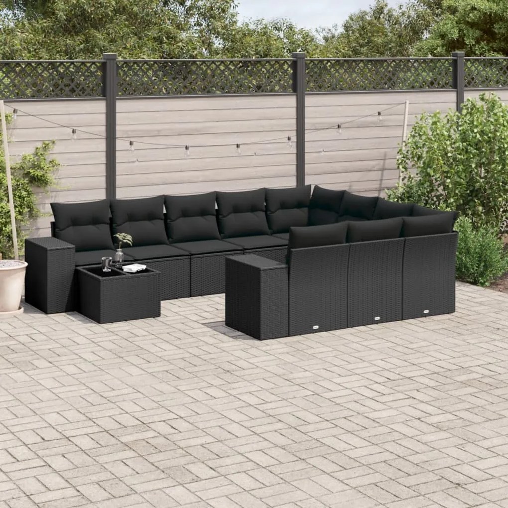 vidaXL Set canapele de grădină cu perne, 11 piese, negru, poliratan