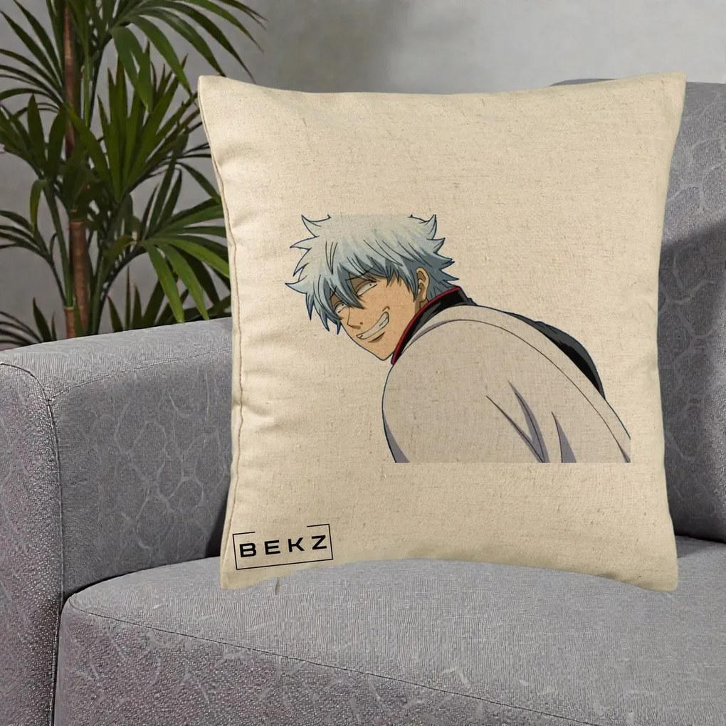 Perna Personalizata Gintama Gintoki Portret cu Zambet, 40x40 cm, Bej, Husa Detasabila, Perna Inclusa, BEKZ®