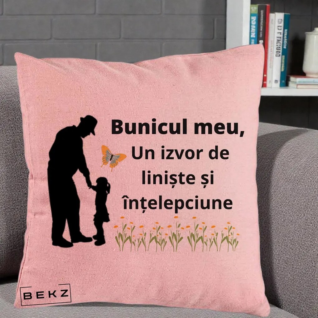 Cadou pentru Bunic - Perna Personalizata Bunicul Meu Izvor de Liniste cu Fluture si Fetita, 40x40 cm, Roz, Husa Detasabila, Perna Inclusa, BEKZ®