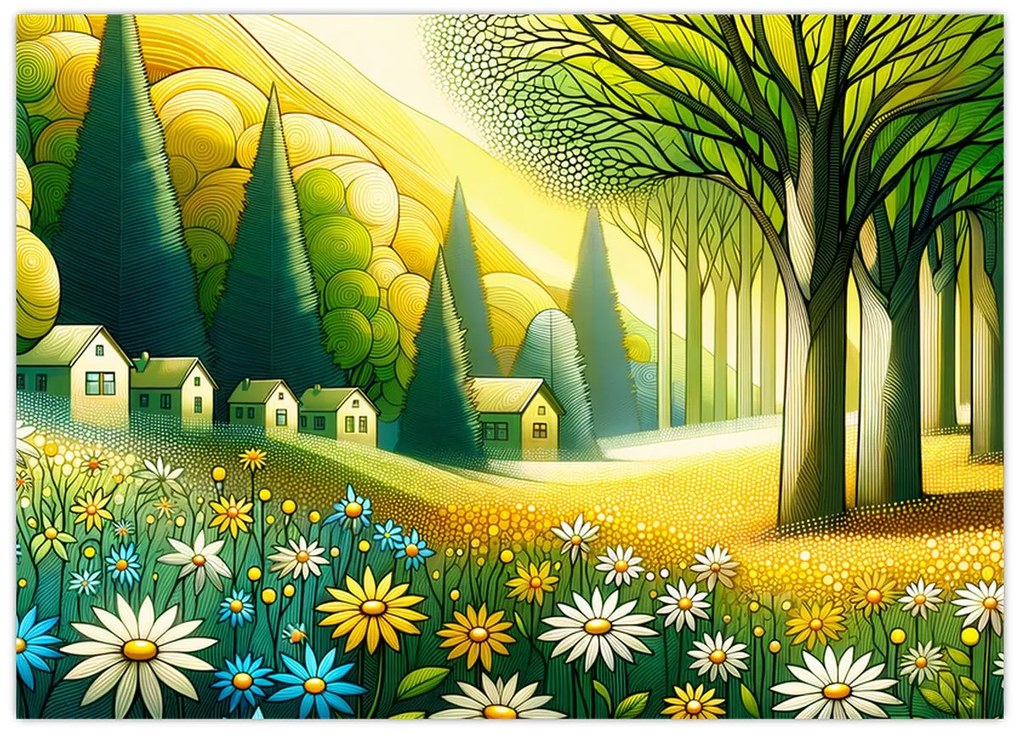 Tablou pe sticlă - Sat în galben-verde (70x50 cm)