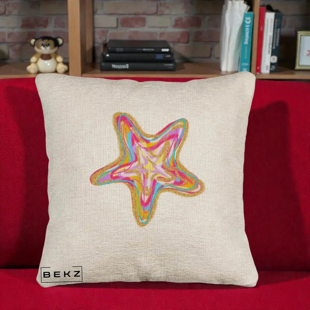 Perna decorativa Stea de Mare Colorata Psiheledic, 40x40 cm cu Umplutura, Bej Canapea, BEKZ