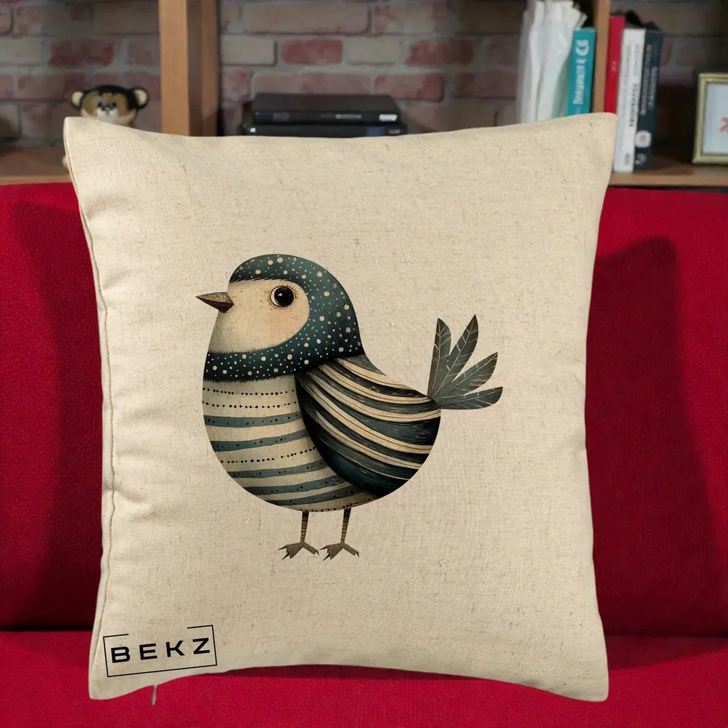 Perna Decorativa Pasare Teal Decorativa Dungata, 40x40 cm, Bej, Husa Detasabila, Perna Inclusa, BEKZ®