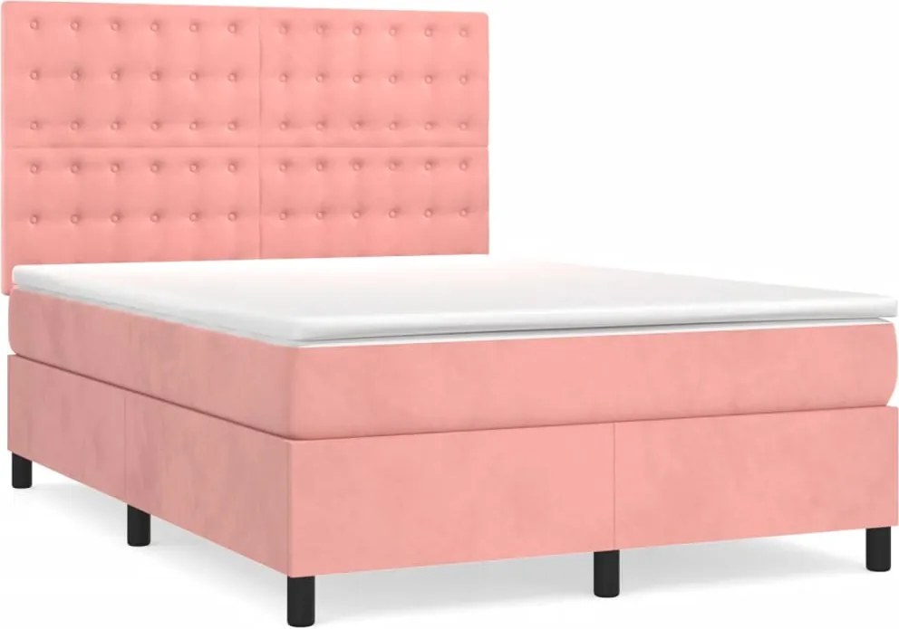 vidaXL Pat box spring cu saltea, roz, 140x190 cm, catifea