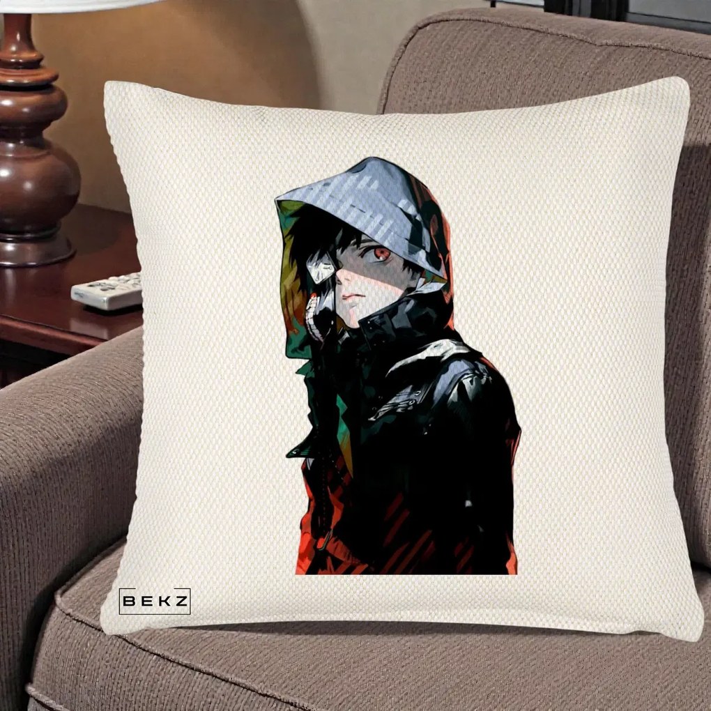 Perna Personalizata Tokyo Ghoul Ken Kaneki cu Masca si Gluga, 40x40 cm, Crem Reliefat, Husa Detasabila, Perna Inclusa, BEKZ®
