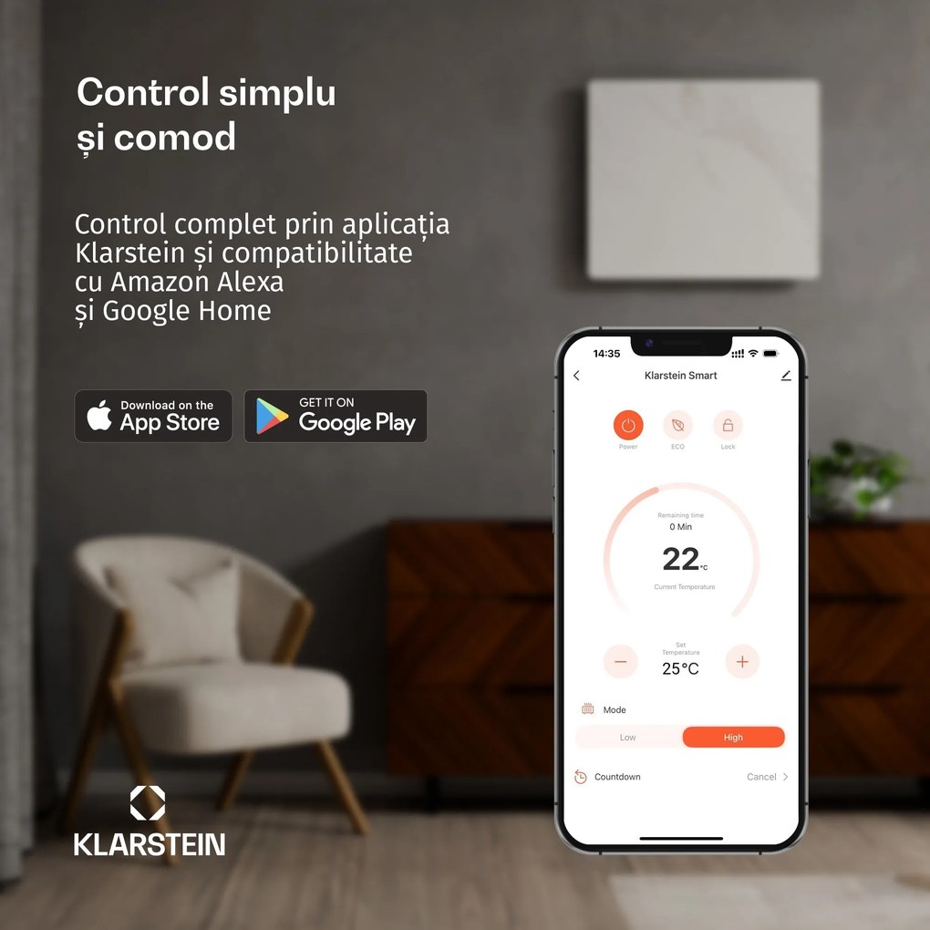 Klarstein Panou infraroșu HotSpot Crystal Smart | 800 W | 12 m² | Comandă tactilă și asistent vocal