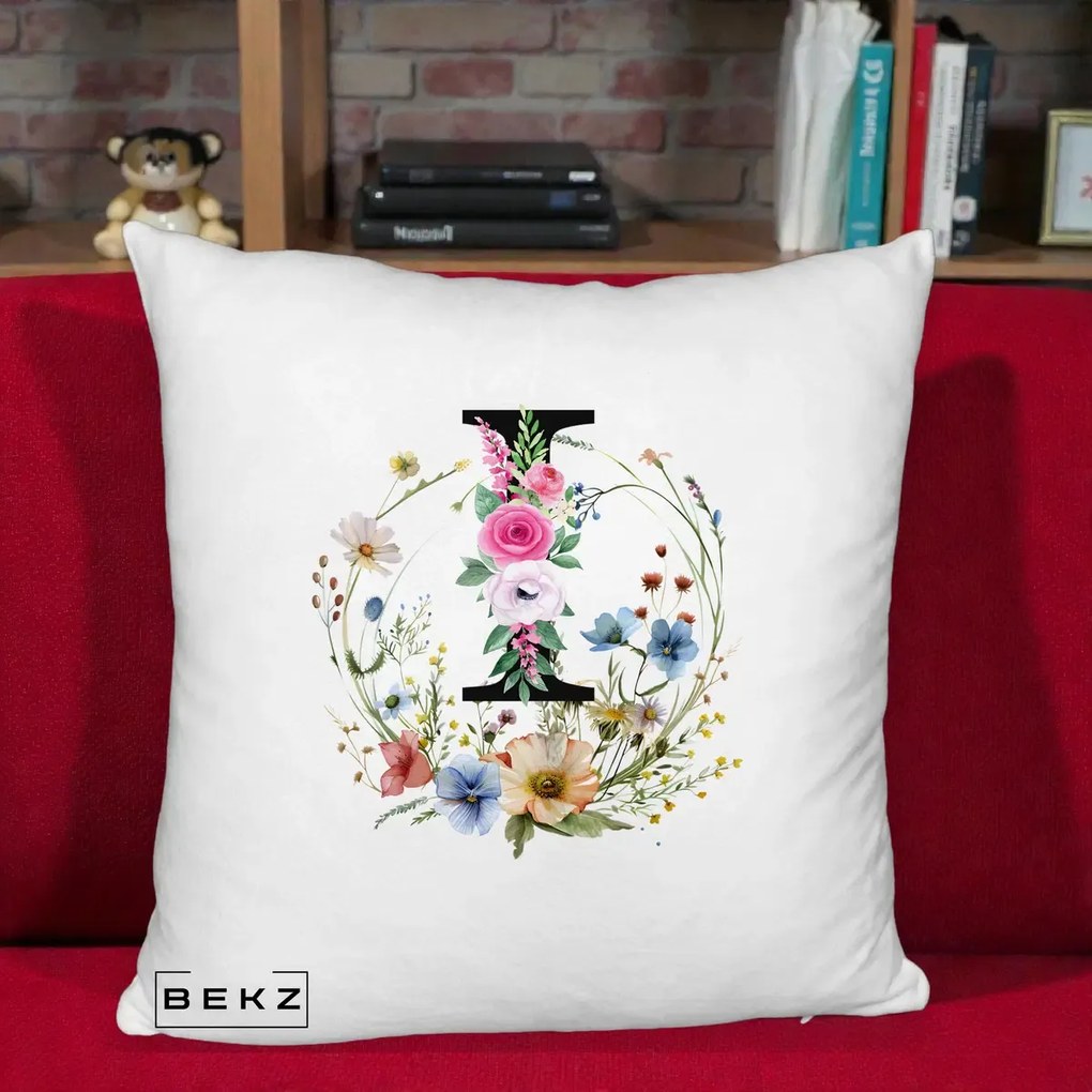 Cadou Personalizat - Perna Personalizata Monogram Litera I cu Flori Acuarela, 40x40 cm, Alb Pufos, Husa Detasabila, Perna Inclusa, BEKZ®