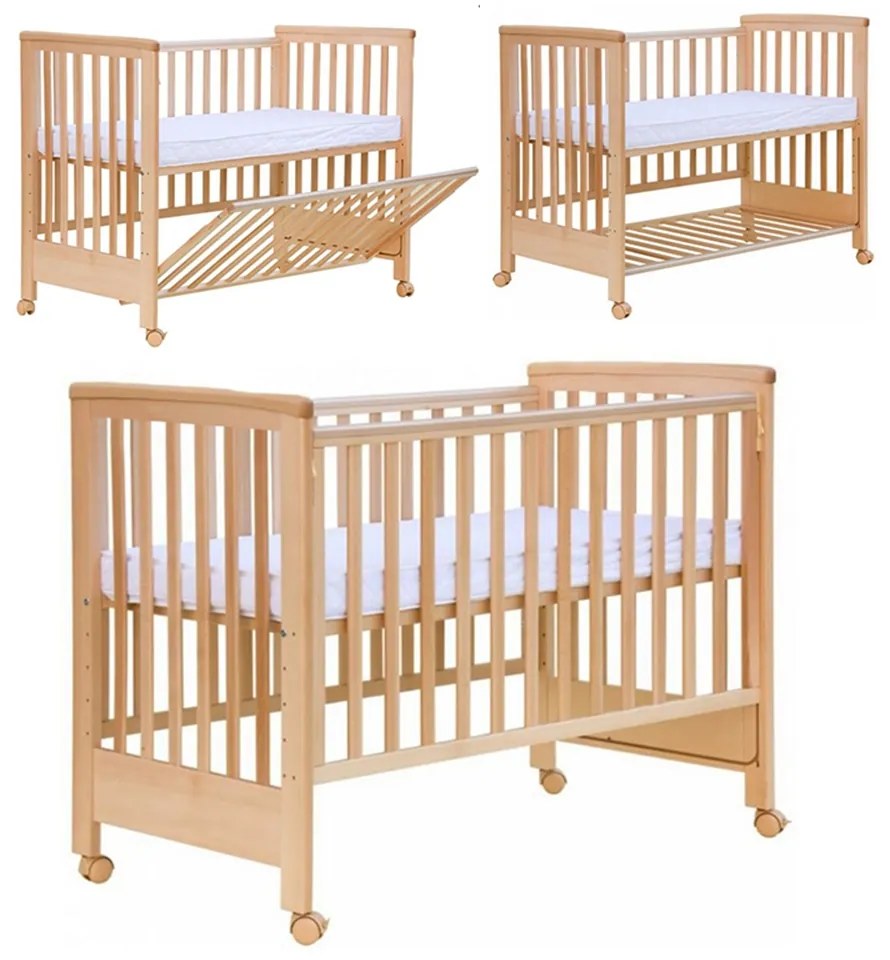 Patut co-sleeping 120x60 cu laterala culisanta total si roti Treppy Dreamy Plus, integral din lemn masiv fag, reglabil 5 nivele, include sistem de ancorare, certificat TUV, EN716-1, EN716-2, natur