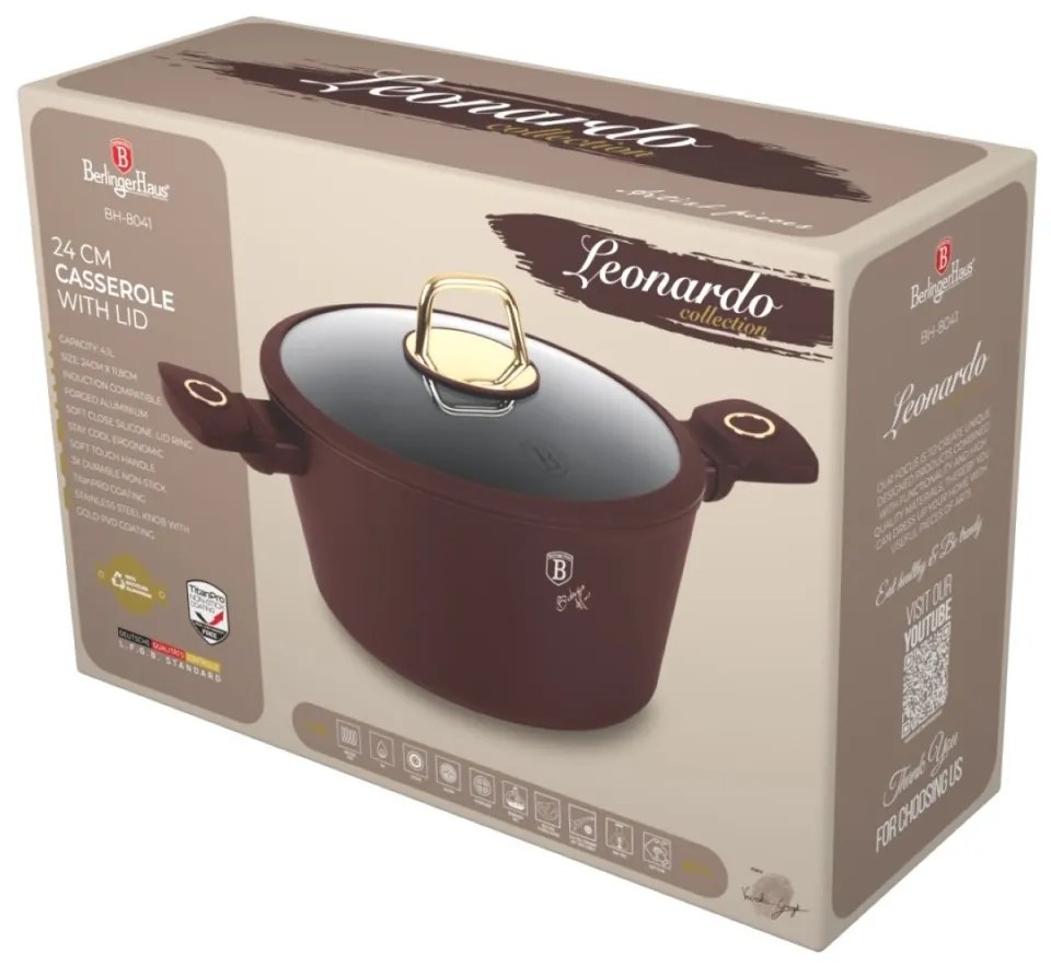 Oală cu capac 24 cm, 4.1L – Berlinger Haus BH8041, Leonardo Collection, potrivită pentru plită sau cuptor