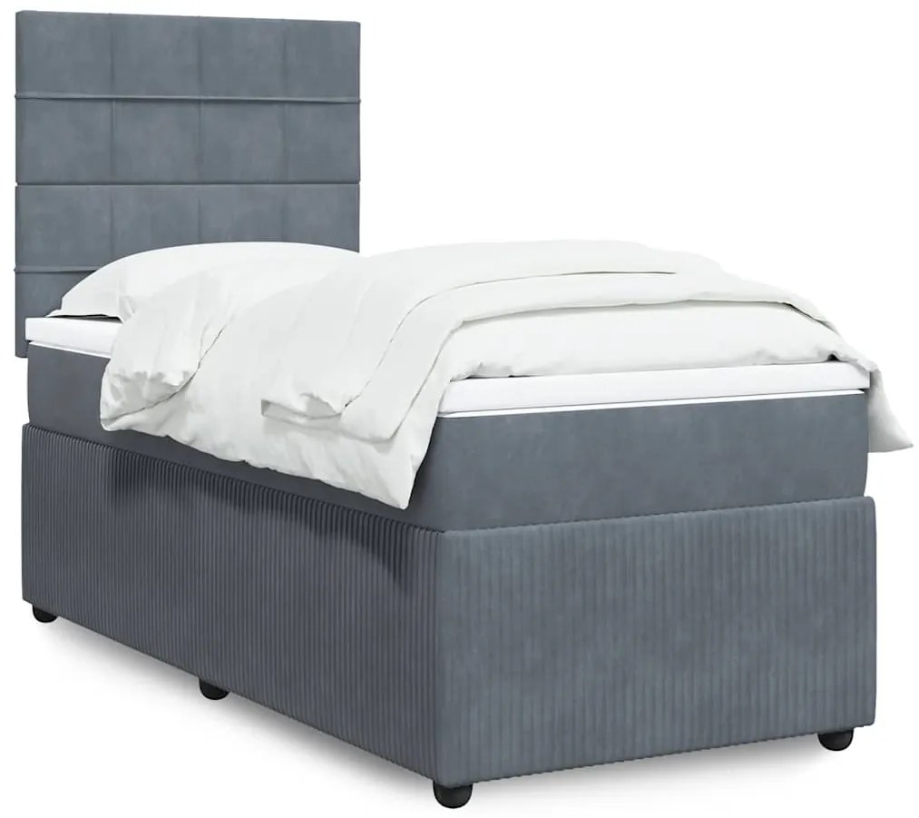 vidaXL Pat box spring cu saltea, gri închis, 100x200 cm, catifea