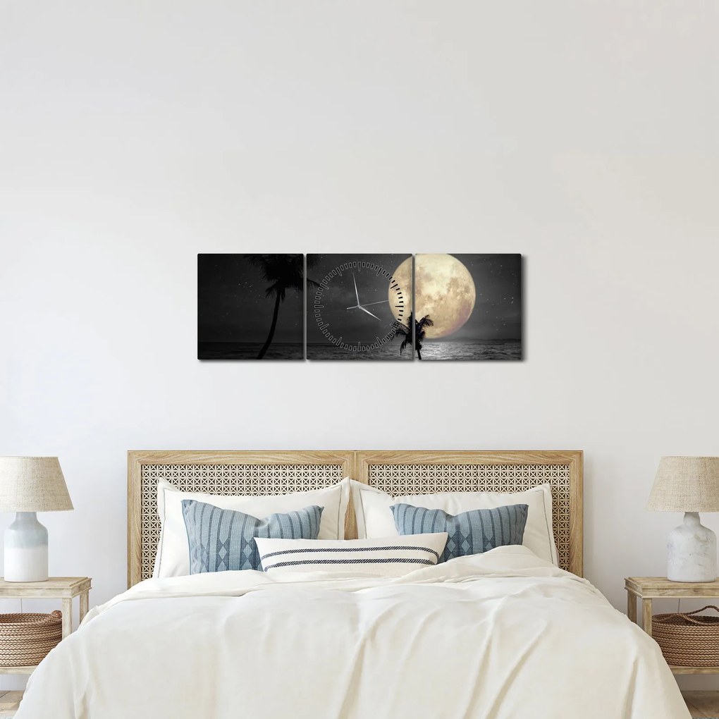 Tablou - Plaja cu lună plină, nuanțe gri (cu ceas) (90x30 cm)