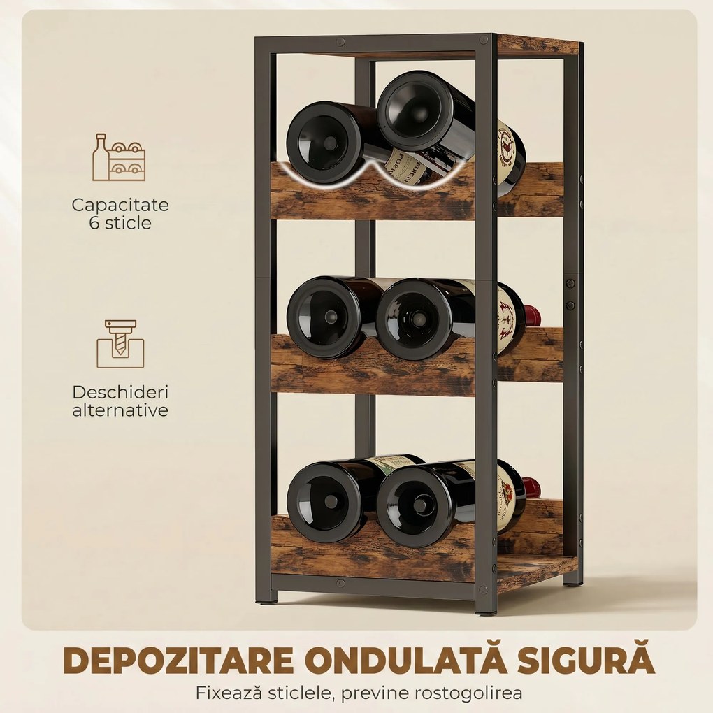 HOMCOM Suport Vin, Rafturi Ondulate, Picioare Reglabile, Maro Rustic, Negru | Aosom Romania