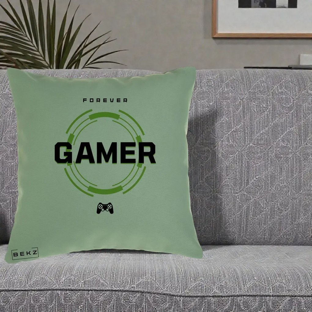 Perna Personalizata Forever Gamer, 40x40 cm, Verde, Husa Detasabila, Perna Inclusa, BEKZ®