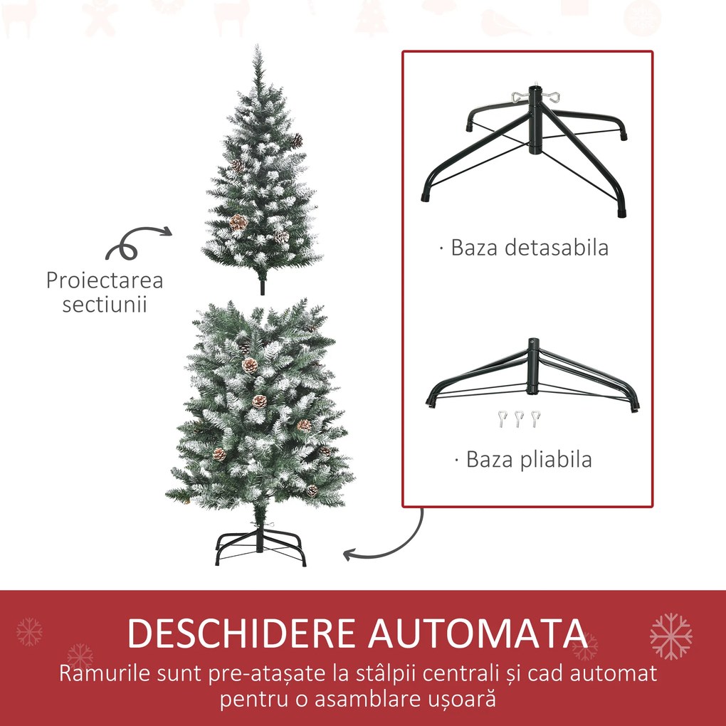 HOMCOM Brad de Crăciun Înzăpezit cu 464 crengi și 28 conuri, Brad Artificial cu Bază Detașabilă, Ø69x150 cm, Verde | Aosom Romania