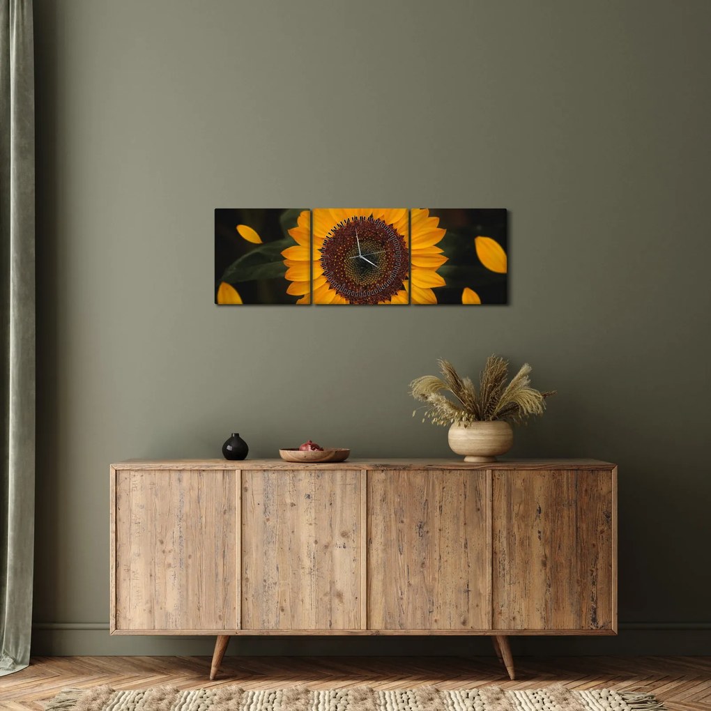 Tablou - Floarea soarelui și petale (cu ceas) (90x30 cm)