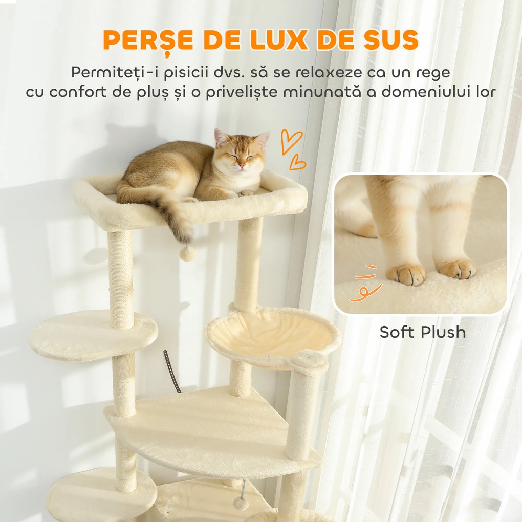 PawHut Ansablu de joacă pentru pisici, 2 căsuțe, 2 paturi și hamac, 200cm, bej | Aosom Romania